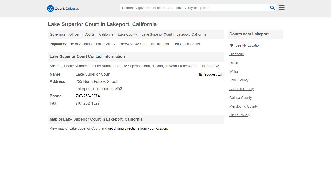 Lake Superior Court - Lakeport, CA (Address, Phone, and Fax)